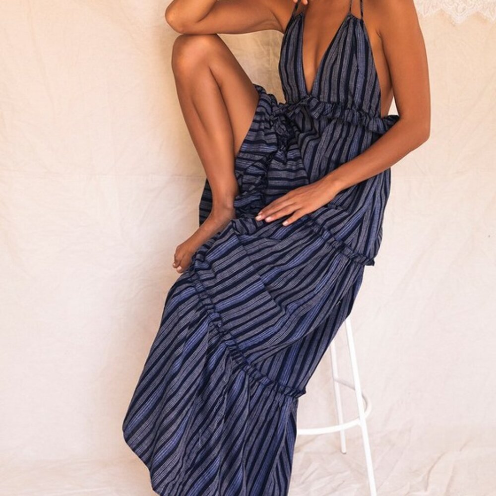 Lulus Vacay Babe Navy Blue Striped Halter Maxi Dress - Size M - NWT